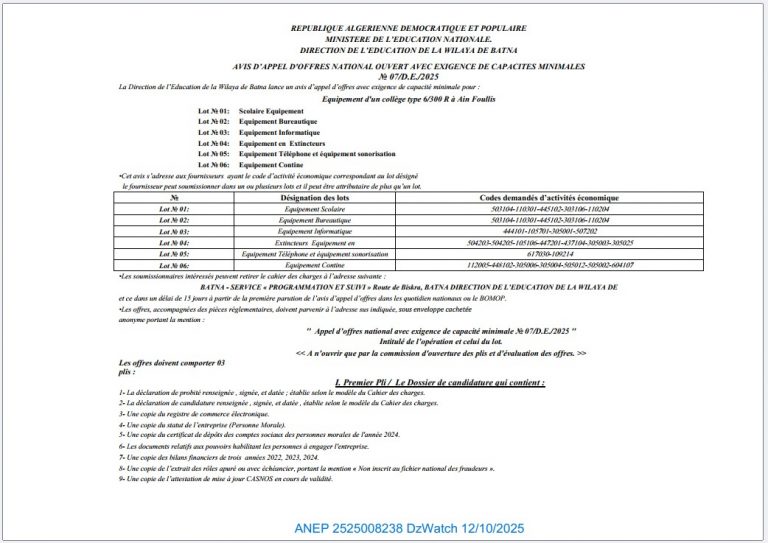 AVIS D’APPEL D’OFFRES NATIONAL OUVERT AVEC EXIGENCE DE CAPACITÉS MINIMALES № 07/D.E./2025