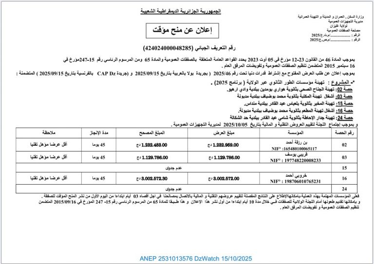 إعلان عن منح مؤقت