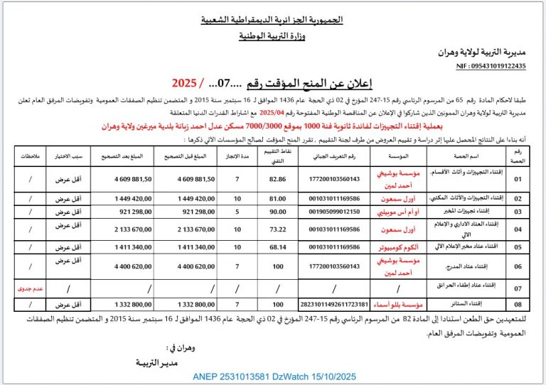 إعلان عن المنح المؤقت