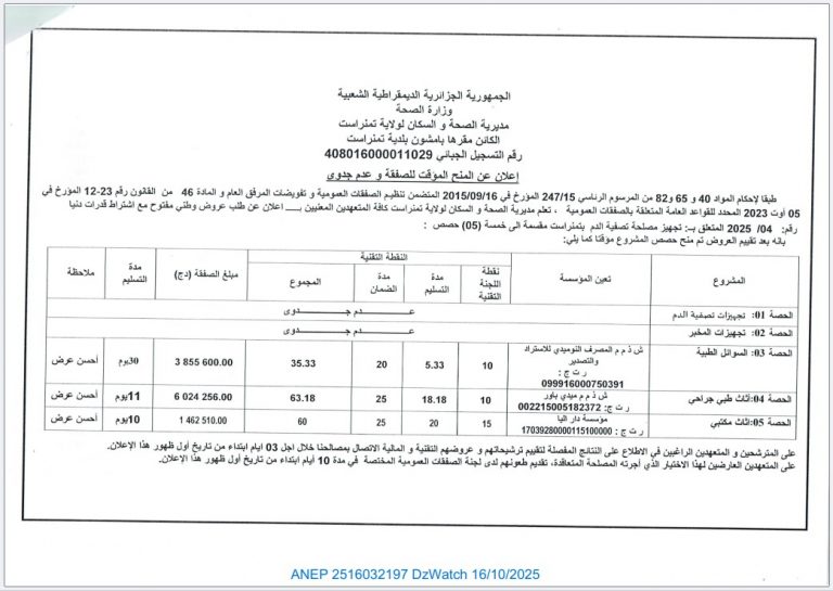 إعلان عن المنح المؤقت للصفقة و عدم الجدوى