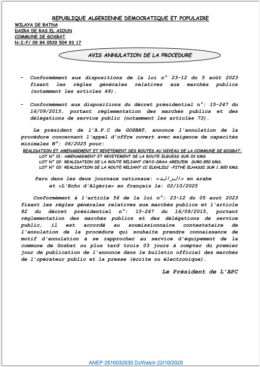 AVIS ANNULATION DE LA PROCEUDURE