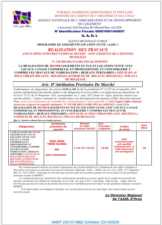 Avis D’Attribution Provisoire De Marché