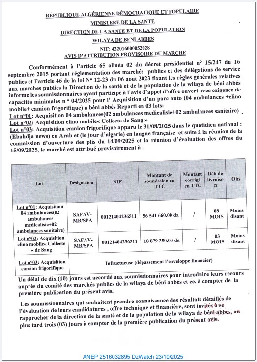 AVIS D’ATTRIBUTION PROVISOIRE DU MARCHE