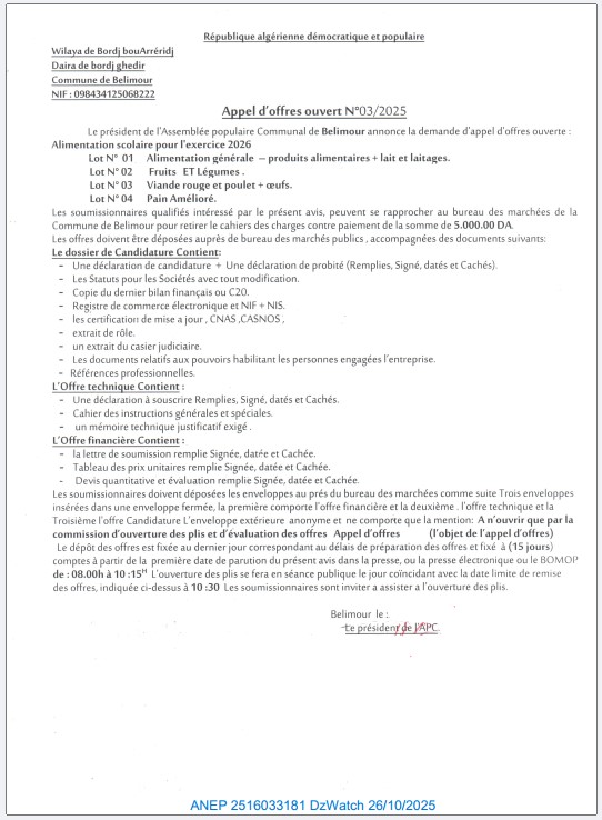 APPEL D’OFFRES OUVERT N°03/2025