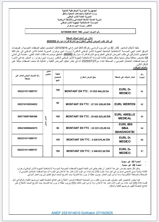إعلان عن المنح المؤقت للصفقة في إطار طلب العروض الوطني المفتوح مع اشتراط قدرات دنيا