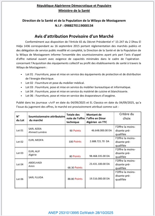 Avis d’attribution Provisoire d’un Marché