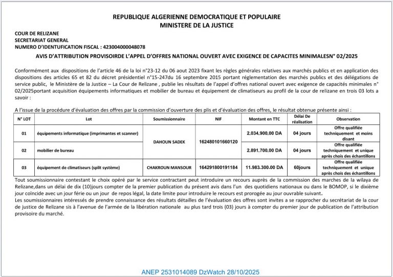 AVIS D’ATTRIBUTION PROVISIORE L’APPEL D’OFFERS NATIONAL OUVERT AVEC EXIGENCE DE CAPACITES MINIMALS