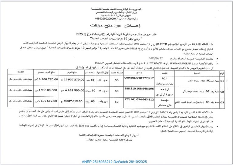 إعلان عن منح مؤقت