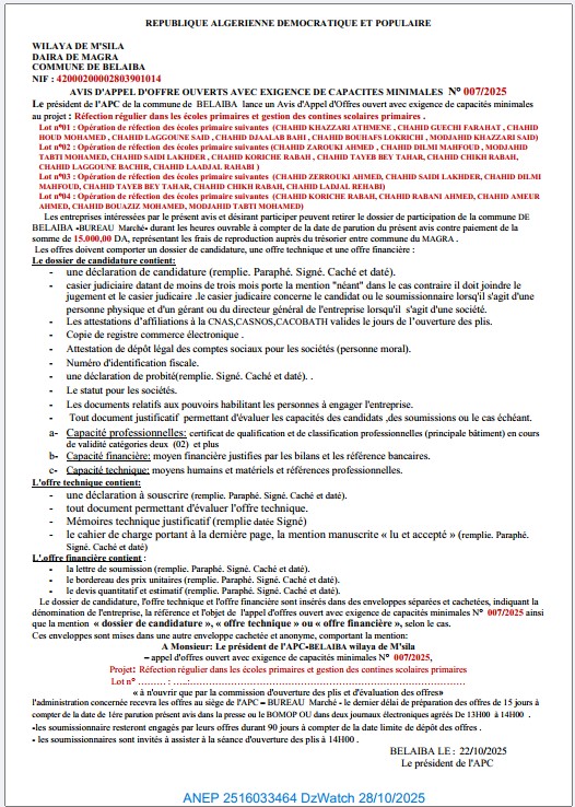 AVIS D’APPEL D’OFFRE OUVERTS AVEC EXIGENCE DE CAPACITES MINIMALES N° 007/2025