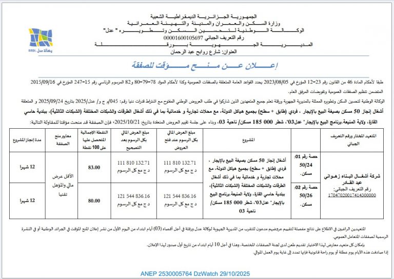 إعلان عن منح مؤقت للصفقة