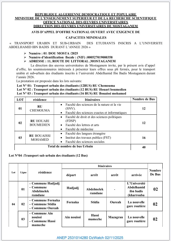AVIS D’APPEL D’OFFERS NATIONAL OUVERT AVEC EXIGENCE DE CAPACITES MINIMALS