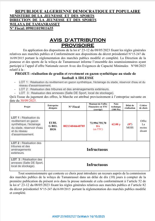 AVIS D’ATTRIBUTION PROVISOIRE