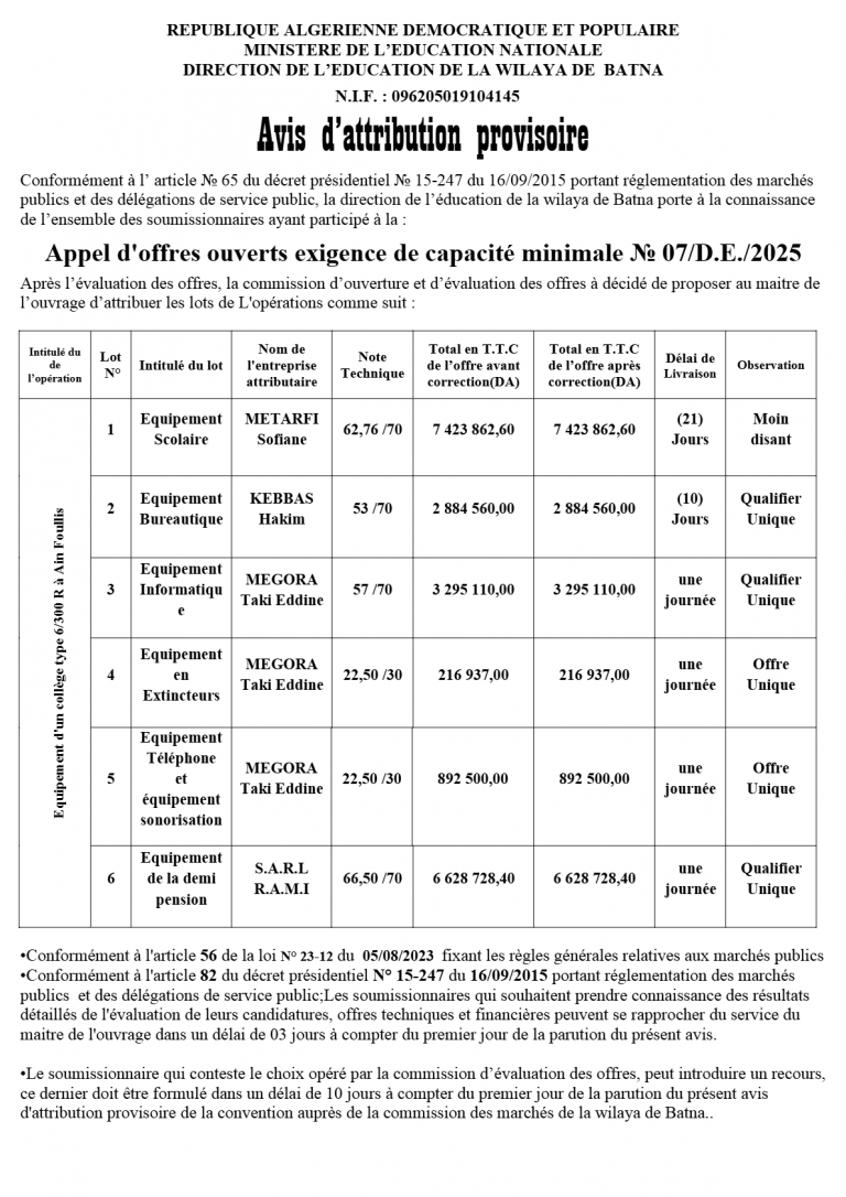 AVIS D’ATTRIBUTION PROVISOIRE