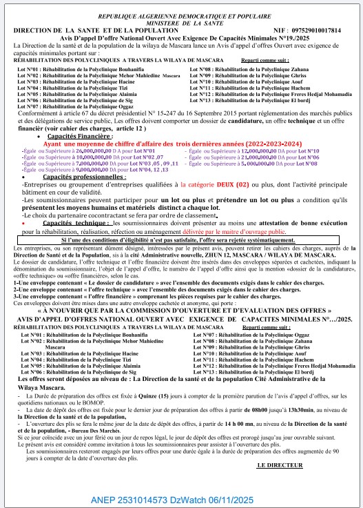 AVIS D’APPEL D’OFFERS NATIONAL OUVERT AVEC EXIGENCE DE CAPACITES MINIMALS