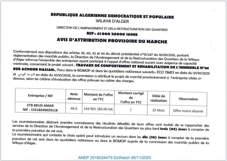AVIS D’ATTRIBUTION PROVISIORE DU MARCHE