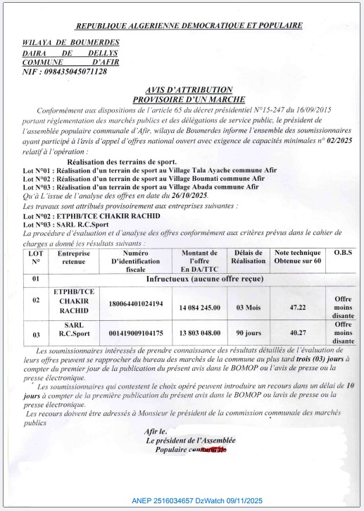 AVIS D’ATTRIBUTION PROVISIORE D’UN MARCHE