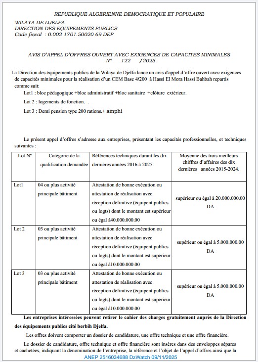AVIS D’APPEL D’OFFRES OUVERT AVEC EXIGENCES DE CAPACITES MINIMALES N° 122 /2025