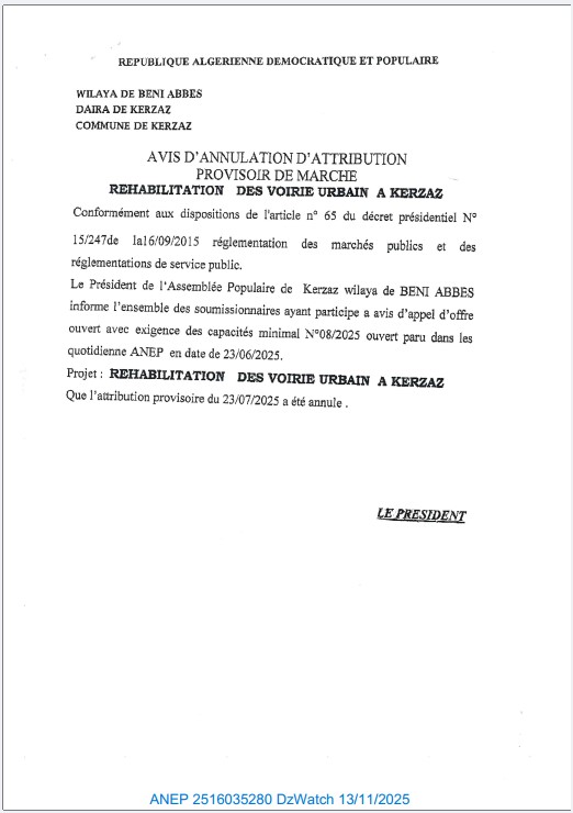 AVIS D’ANNULATION D’ATTRIBUTION PROVISIORE DE MARCHE