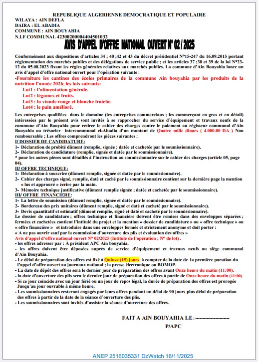 AVIS D’APPEL D’OFFERS NATIONAL OUVERT