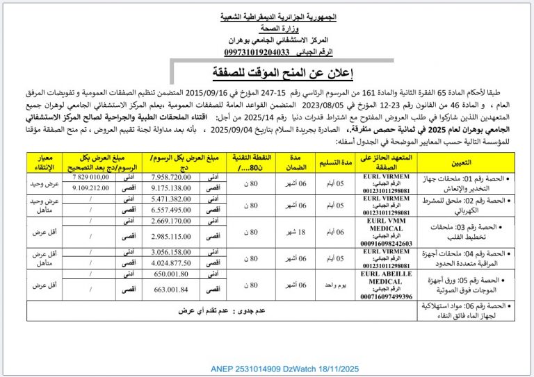 إعلان عن المنح المؤقت للصفقة
