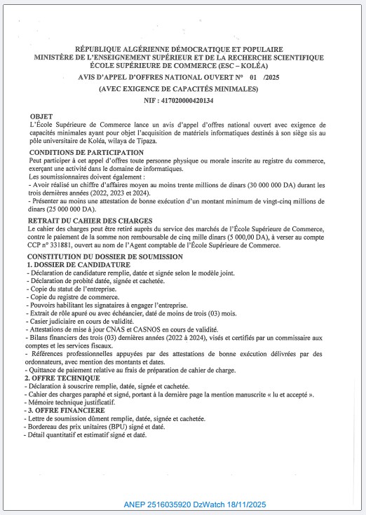 AVIS D’APPEL D’OFFERS NATIONAL OUVERT AVEC EXIGENCE DE CAPACITES MINIMALS