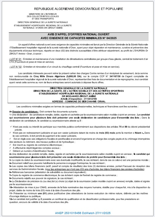 AVIS D’APPEL D’OFFERS NATIONAL OUVERT AVEC EXIGENCE DE CAPACITES MINIMALS