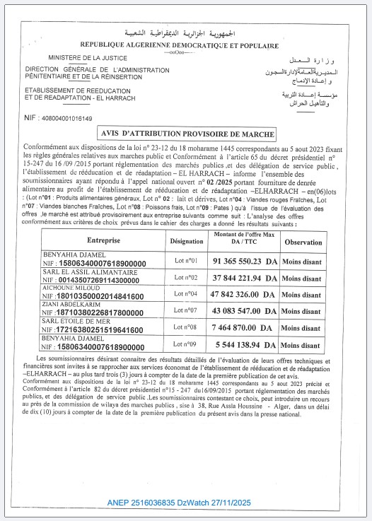 AVIS D’ATTRIBUTION PROVISIORE D’UN MARCHE