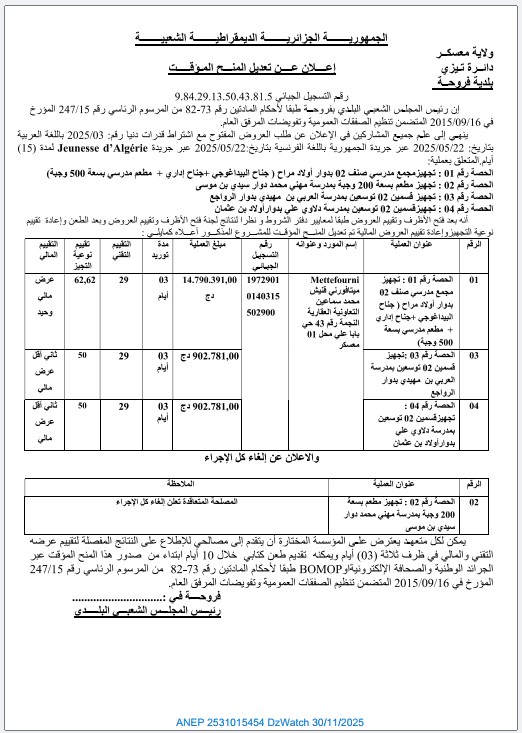 إعلان عن تعديل المنح المؤقت
