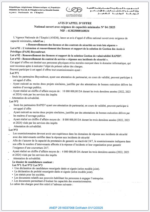AVIS D’APPEL D’OFFERS NATIONAL OUVERT AVEC EXIGENCE DE CAPACITES MINIMALS