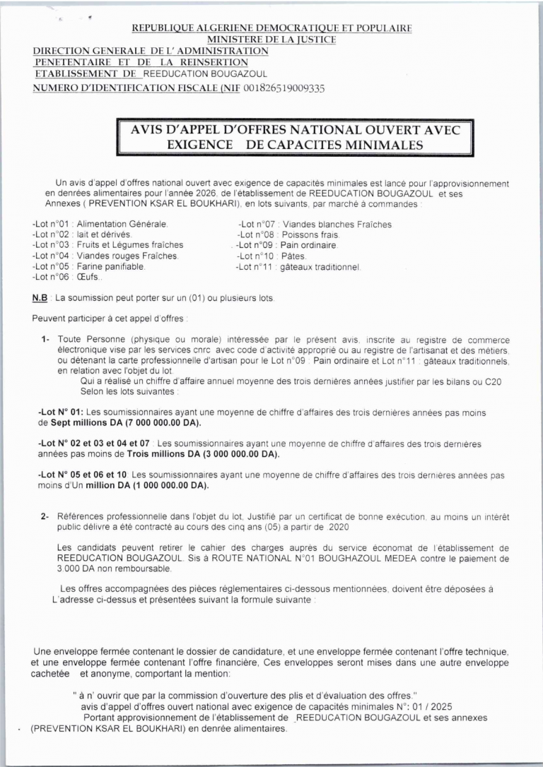 AVIS D’APPEL D’OFFRES NATIONAL OUVERT AVEC EXIGENCE DE CAPACITES MINIMALES