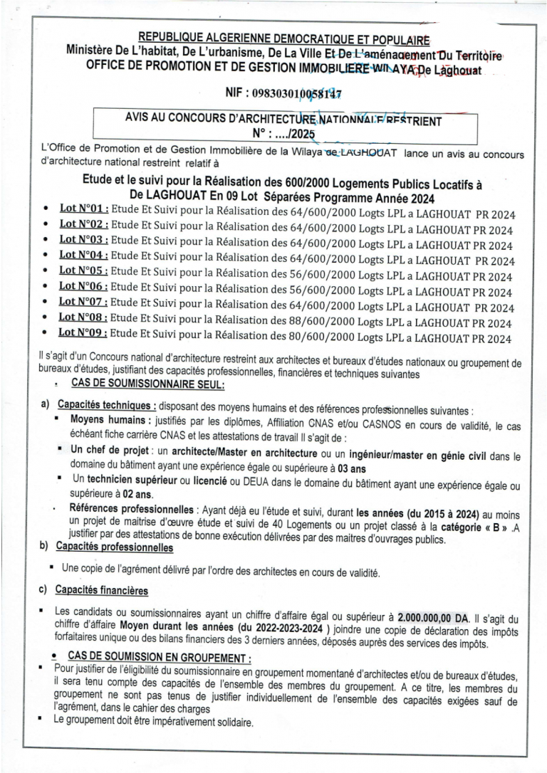 AVIS AU CONCOURS D’ARCHITECTURE NATIONAL RESTIENT