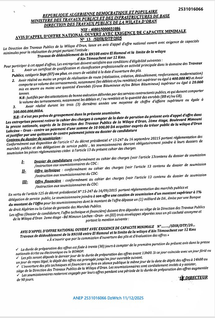 AVIS D’APPEL D’OFFRE NATIONAL OUVERT AVEC EXIGENCE DE CAPACITE MINIMALE