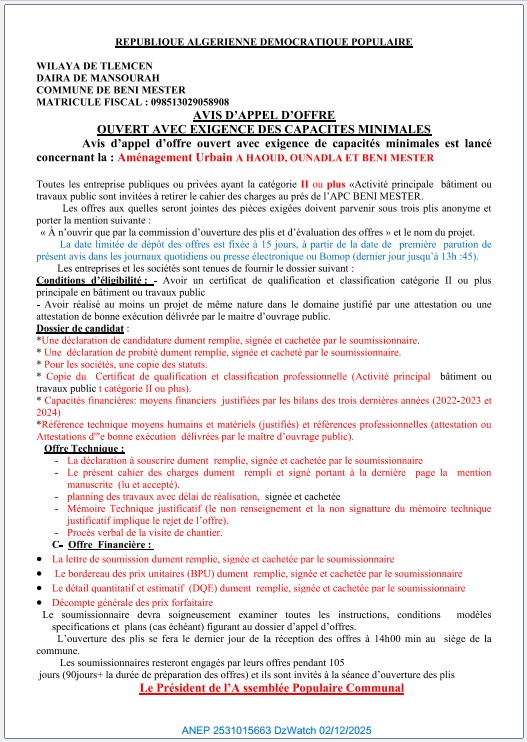 AVIS D’APPEL D’OFFERS OUVERT AVEC EXIGENCE DE CAPACITES MINIMALS