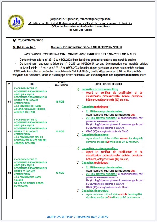 AVIS D’APPEL D’OFFERS NATIONAL OUVERT AVEC EXIGENCE DE CAPACITES MINIMALS