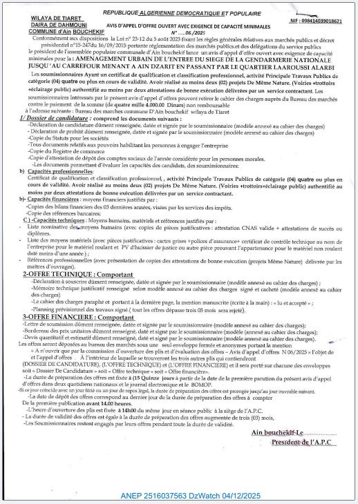 AVIS D’APPEL D’OFFERS OUVERT AVEC EXIGENCE DE CAPACITES MINIMALS