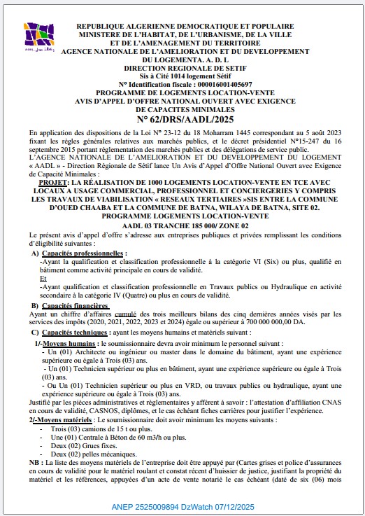 AVIS D’APPEL D’OFFRE NATIONAL OUVERT AVEC EXIGENCE DE CAPACITES MINIMALESN° 62/DRS/AADL/2025