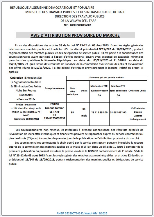 AVIS D’ATTRIBUTION PROVISOIRE DU MARCHE
