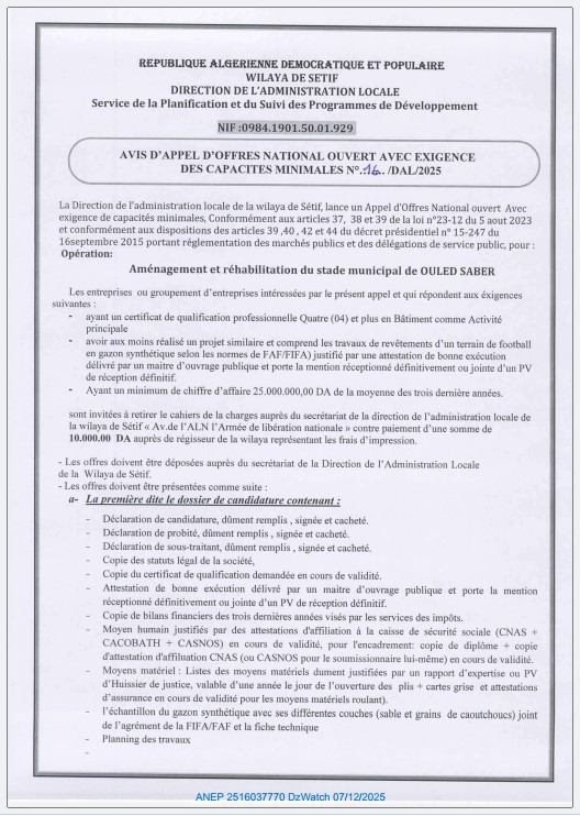 AVIS D’APPEL D’OFFERS NATIONAL OUVERT AVEC EXIGENCE DE CAPACITES MINIMALS