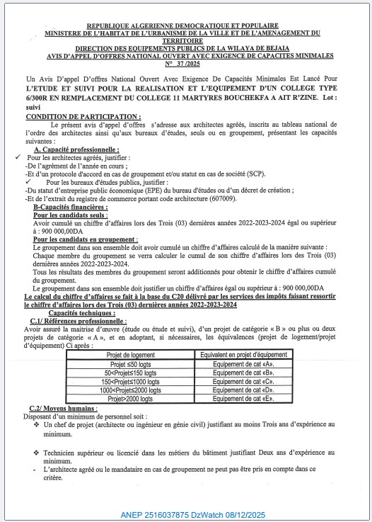 AVIS D’APPEL D’OFFERS NATIONAL OUVERT AVEC EXIGENCE DE CAPACITES MINIMALS