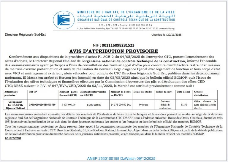 AVIS D’ATTRIBUTION PROVISOIRE