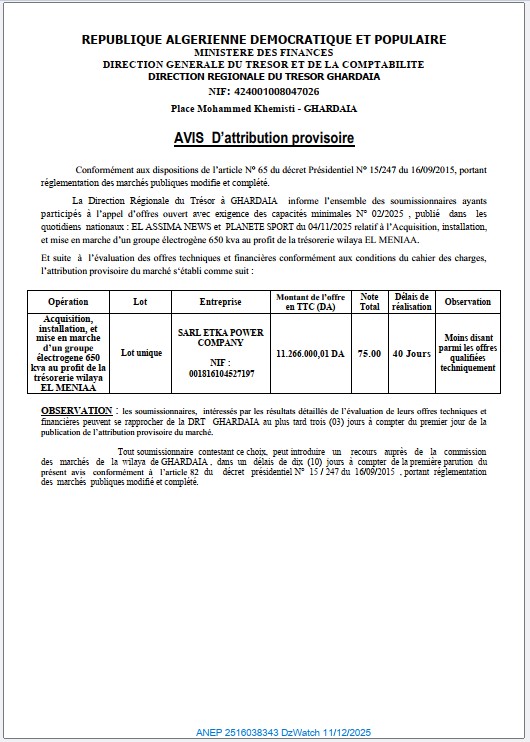 AVIS D’ATTRIBUTION PROVISIORE