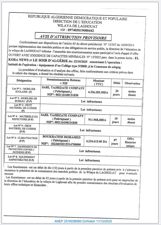 AVIS D’ATTRIBUTION PROVISIORE