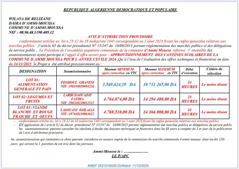 AVIS D’ATTRIBUTION PROVISOIRE