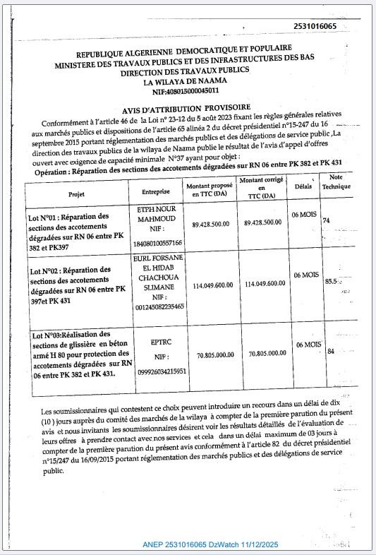 AVIS D’ATTRIBUTION PROVISIORE