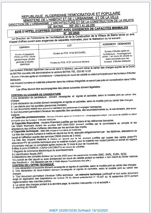 AVIS D’APPEL D’OFFERS NATIONAL OUVERT AVEC EXIGENCE DE CAPACITES MINIMALS
