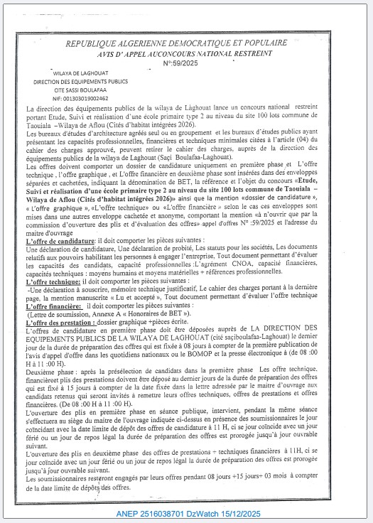 AVIS D’APPEL AU CONCOURS NATIONAL RESTEINT