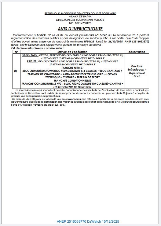 AVIS D’INFRUCTUOSITE