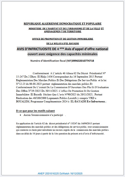 AVIS D’INFRICTUOSITE DE 4 eme Avis d’appel d’offre national ouvert avec exigence des capacités minimales