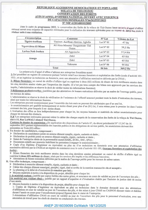 VIS D’APPEL D’OFFRES NATIONAL OUVERT AVEC EXIGENCE DE CAPACITES MINIMALES N°06/SGPEP/2025