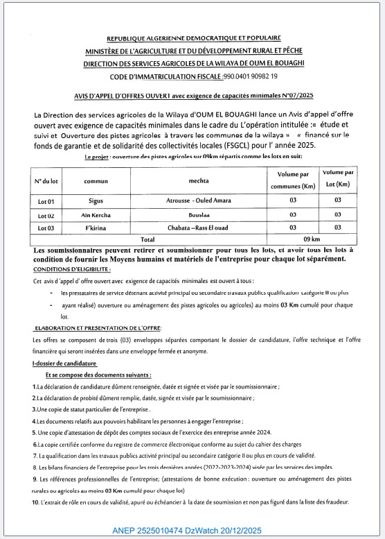 Avis d’appel d’offres ouvert avec exigence de capacités minimales N°07/2025